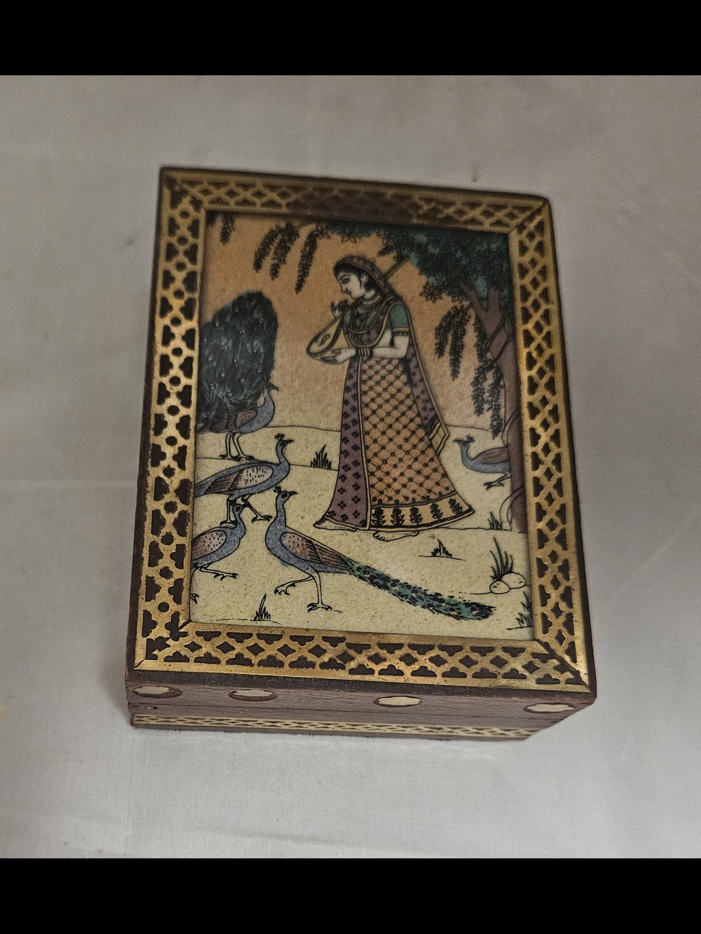 Gemstone Sand Painted Decorative Wooden Trinket Box - Peacock & Lady Motif